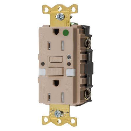 BRYANT GFCI Receptacle, Self Test, IG, Tamper and Weather Resistant, 15A 125V, 5-15R, With Night Light GFST82ALTRNL